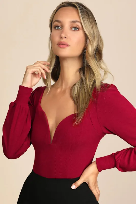 Flirting for Fun Wine Red Ribbed Long Sleeve Bodysuit sold by Lulus