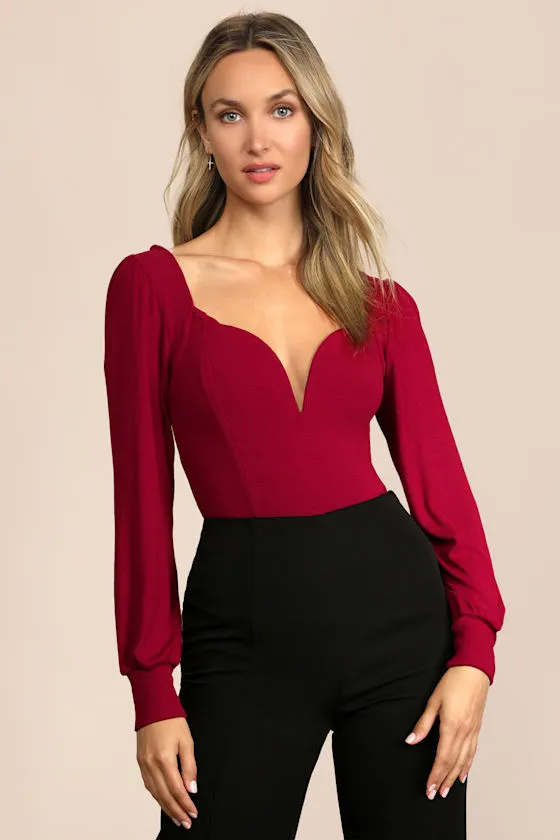 Flirting for Fun Wine Red Ribbed Long Sleeve Bodysuit sold by Lulus product image thumbnail 2