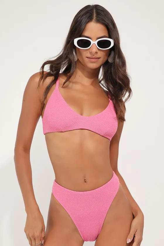 Coastal Cutie Pink Textured Bralette Bikini Top sold by Lulus product image thumbnail 2