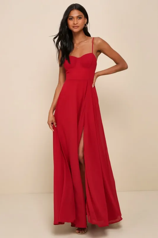 Cause for Commotion Red Pleated Bustier Maxi Dress sold by Lulus