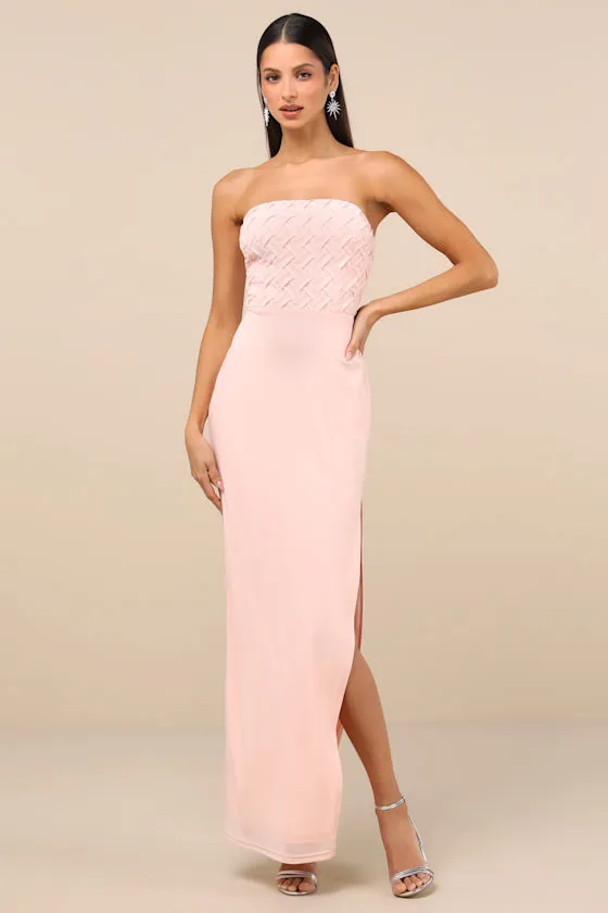 Stunning Concept Light Pink Mesh Rhinestone Strapless Maxi Dress sold by Lulus