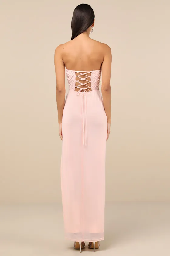 Stunning Concept Light Pink Mesh Rhinestone Strapless Maxi Dress sold by Lulus product image thumbnail 2