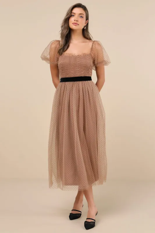 Curated Crush Tan Tulle Ruched Swiss Dot Puff Sleeve Midi Dress sold by Lulus