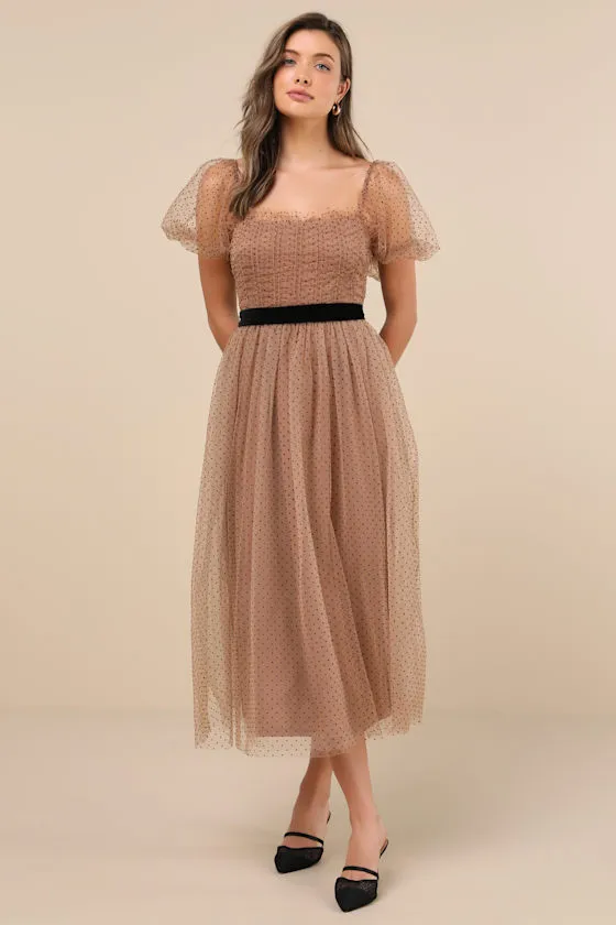 Curated Crush Tan Tulle Ruched Swiss Dot Puff Sleeve Midi Dress sold by Lulus