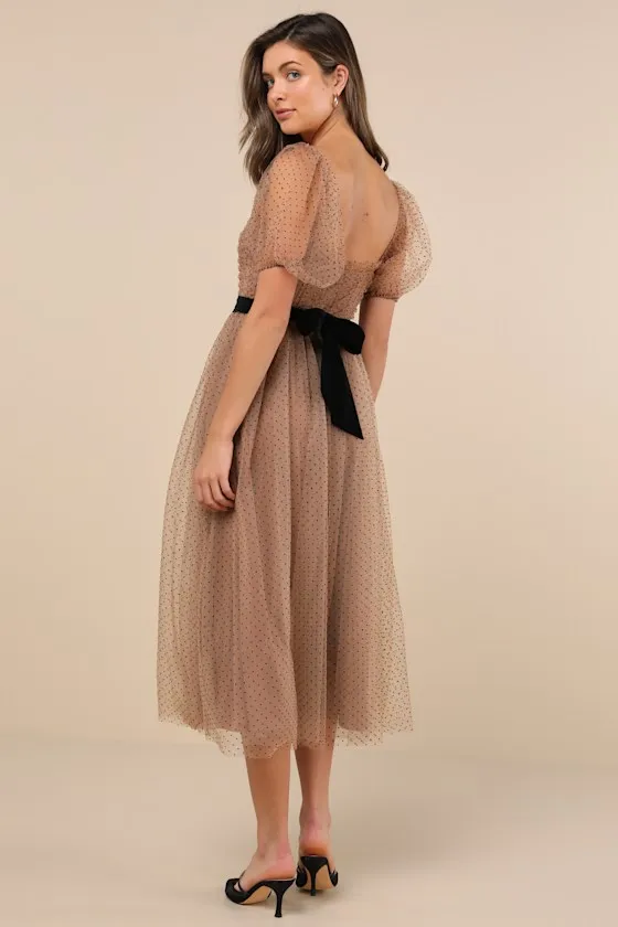 Curated Crush Tan Tulle Ruched Swiss Dot Puff Sleeve Midi Dress sold by Lulus product image thumbnail 2