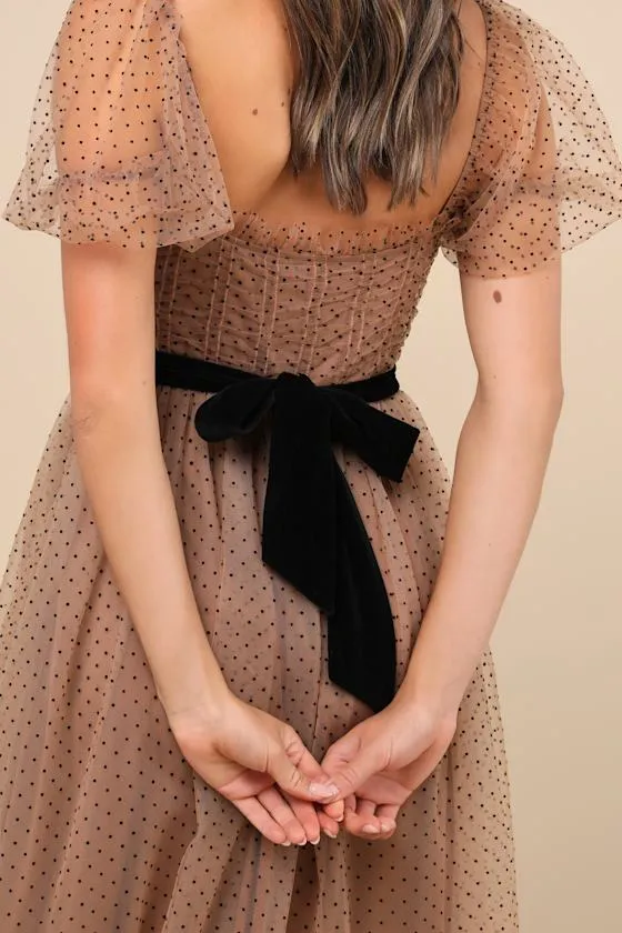 Curated Crush Tan Tulle Ruched Swiss Dot Puff Sleeve Midi Dress sold by Lulus product image thumbnail 3