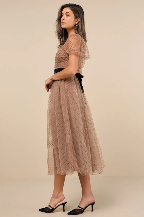Curated Crush Tan Tulle Ruched Swiss Dot Puff Sleeve Midi Dress sold by Lulus product image thumbnail 4