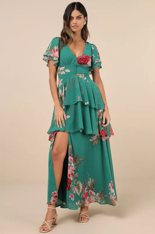 Midnight Mood Teal Green Floral Print Tiered Maxi Dress sold by Lulus