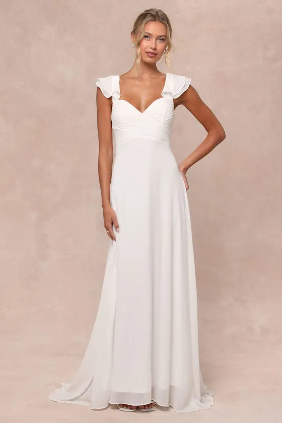Heavenly Romance White Pleated Flutter Sleeve Lace-Up Maxi Dress sold by Lulus