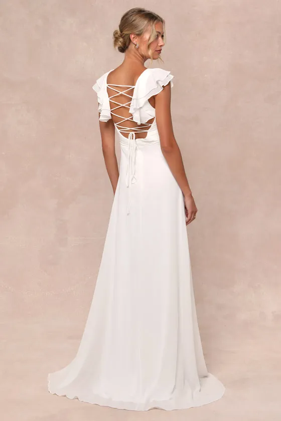 Heavenly Romance White Pleated Flutter Sleeve Lace-Up Maxi Dress sold by Lulus product image thumbnail 2
