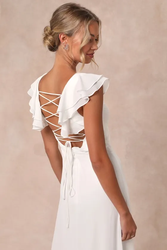 Heavenly Romance White Pleated Flutter Sleeve Lace-Up Maxi Dress sold by Lulus product image thumbnail 4