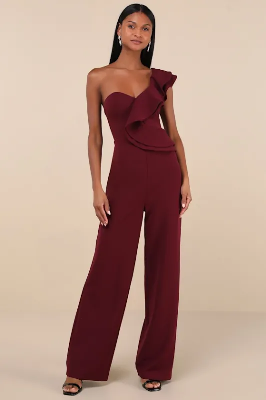 Kiss Me Again Burgundy Ruffled One-Shoulder Jumpsuit sold by Lulus