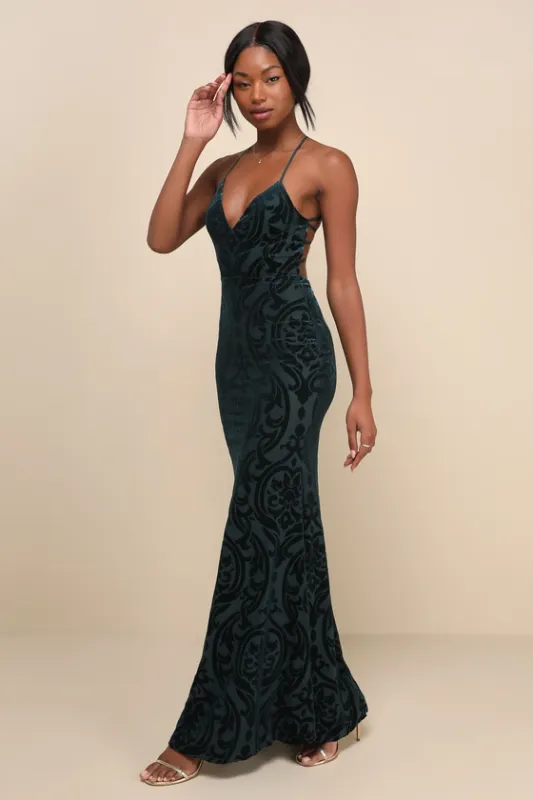 Marvelous Icon Emerald Velvet Glitter Backless Maxi Dress sold by Lulus