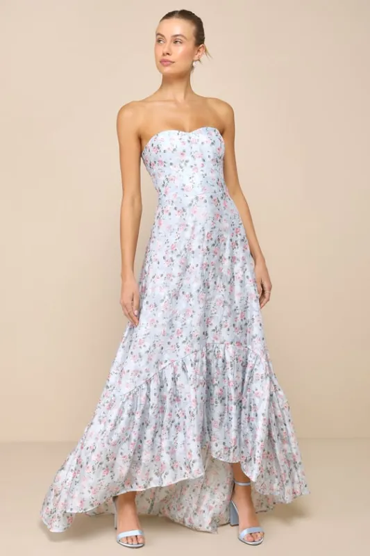 Gorgeous Desire Light Blue Floral Strapless High-Low Maxi Dress sold by Lulus