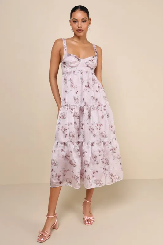 Marvelously Darling Mauve Floral Tiered Backless Midi Dress sold by Lulus