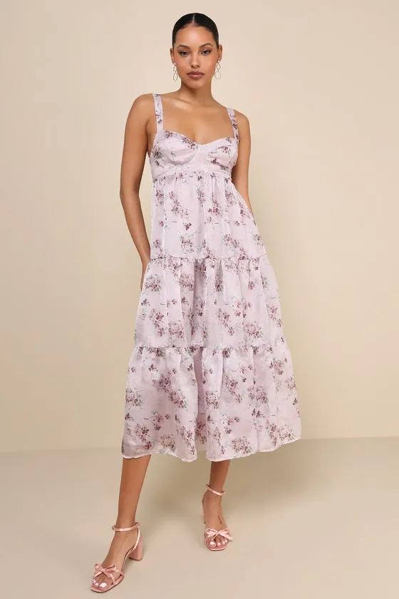 Marvelously Darling Mauve Floral Tiered Backless Midi Dress sold by Lulus