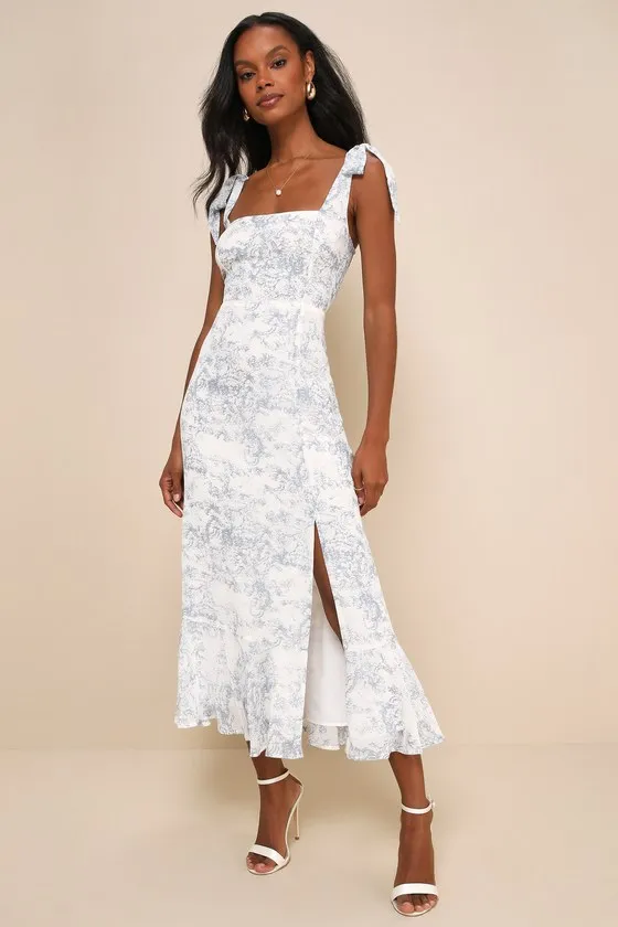 Summer Invite White and Blue Toile Tie-Strap Tiered Midi Dress sold by Lulus