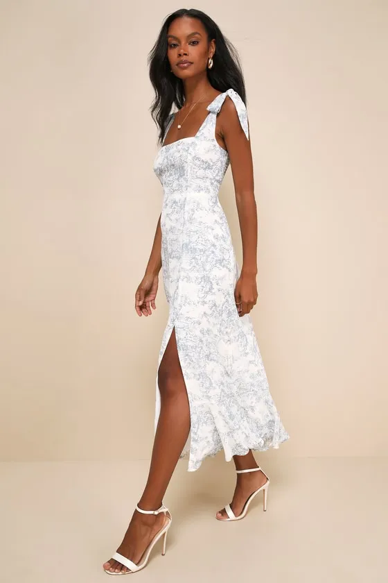 Summer Invite White and Blue Toile Tie-Strap Tiered Midi Dress sold by Lulus product image thumbnail 2