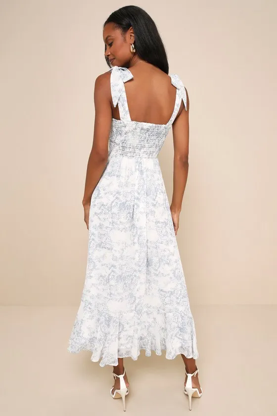 Summer Invite White and Blue Toile Tie-Strap Tiered Midi Dress sold by Lulus product image thumbnail 3