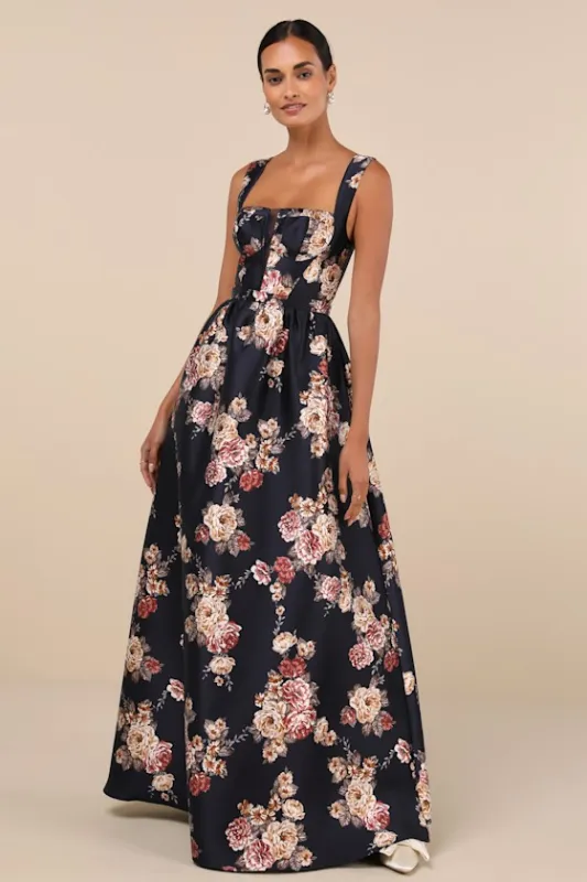 Elegant Pick Navy Blue Floral Sleeveless Bustier Maxi Dress sold by Lulus