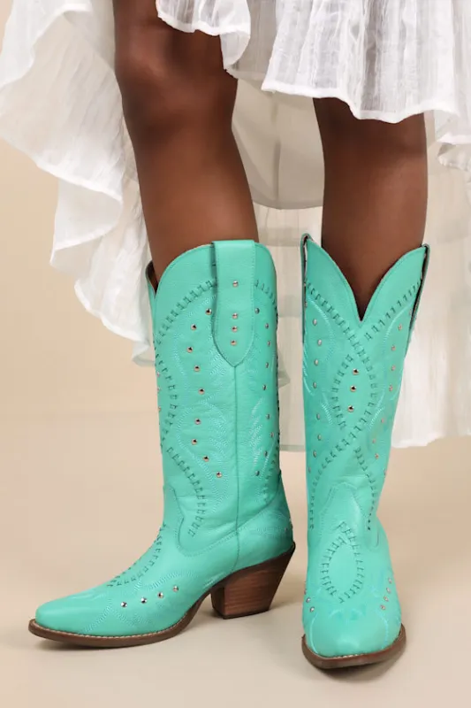 Pretty 'N Pink Green Leather Knee-High Western Boots sold by Lulus