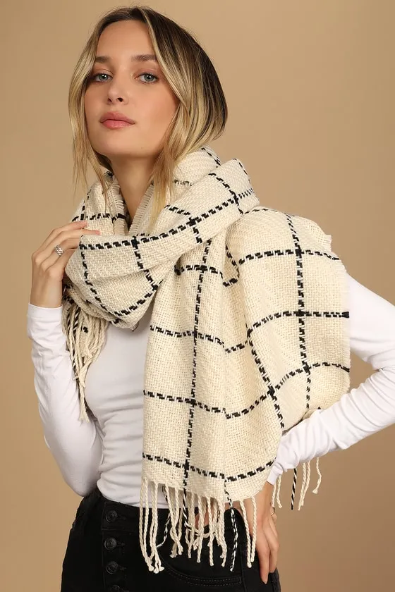 Cozy Afternoon Beige and Black Plaid Knit Scarf sold by Lulus