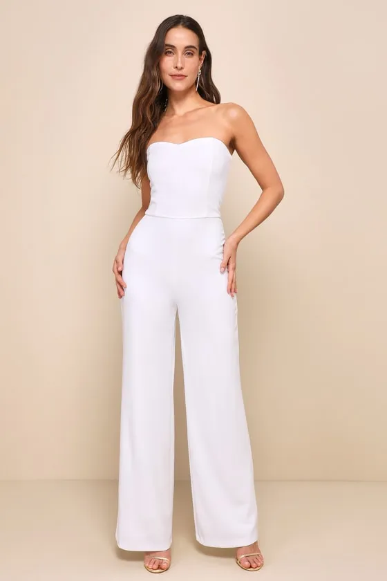 Edith White Strapless Wide-Leg Jumpsuit sold by Lulus