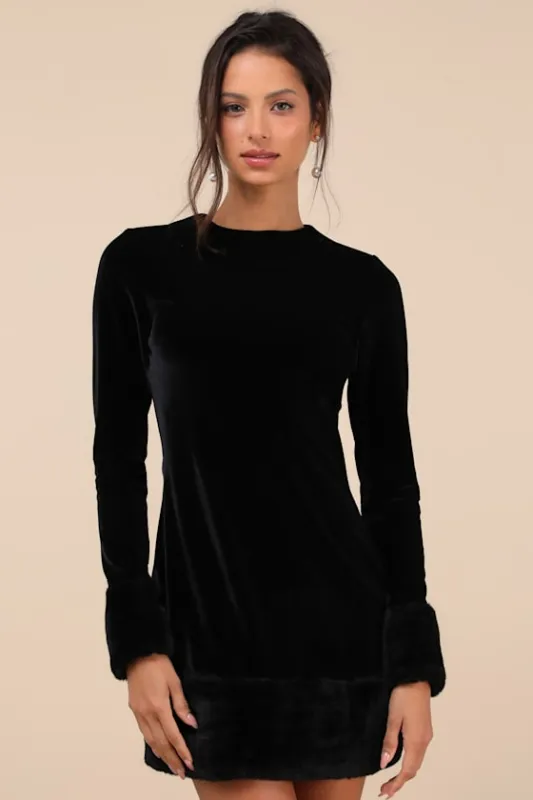 Opulent Charm Black Velvet Faux Fur Trim Mini Dress sold by Lulus