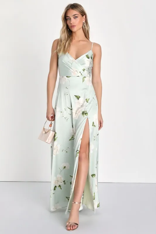 Radiant Occasion Light Green Floral Satin A-Line Maxi Dress sold by Lulus
