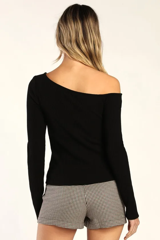 Popular Babe Black Ribbed Knit Asymmetrical Long Sleeve Top sold by Lulus product image thumbnail 4