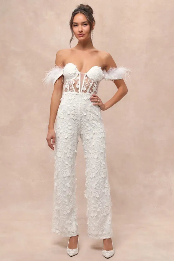Midnight Sparkle White Mesh Embroidered Feather Bustier Jumpsuit sold by Lulus