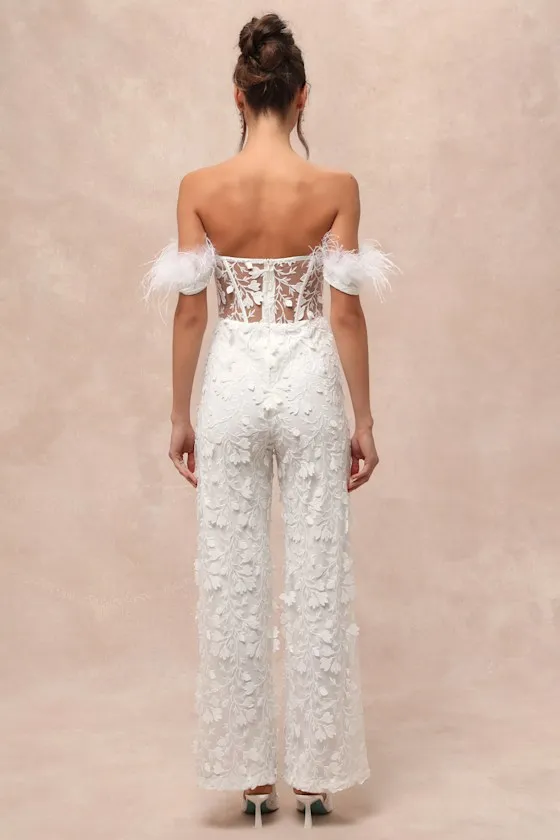 Midnight Sparkle White Mesh Embroidered Feather Bustier Jumpsuit sold by Lulus product image thumbnail 2