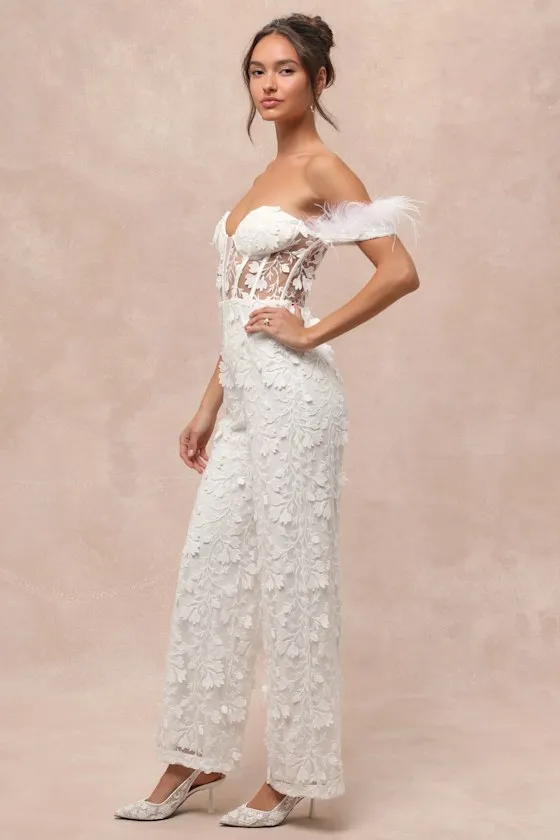 Midnight Sparkle White Mesh Embroidered Feather Bustier Jumpsuit sold by Lulus product image thumbnail 3