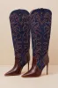 Tyrant Denim Multi Leather Knee-High High Heel Western Boots sold by Lulus