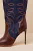Tyrant Denim Multi Leather Knee-High High Heel Western Boots sold by Lulus