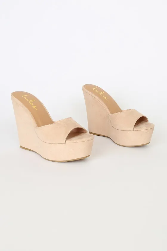Sheree Light Nude Suede Platform Wedges sold by Lulus