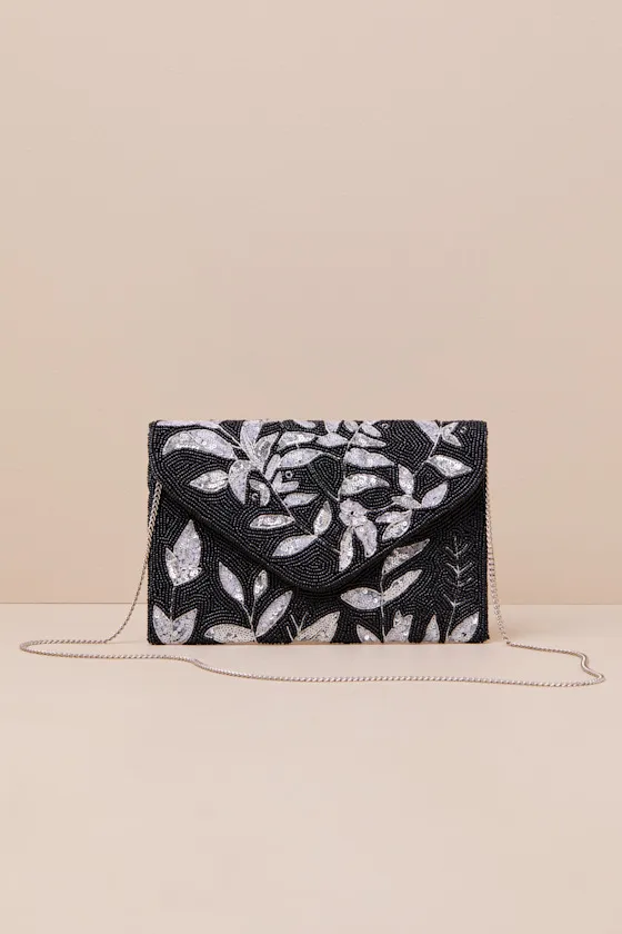 Shiny Exquisiteness Black and Silver Beaded Leaf Clutch sold by Lulus product image thumbnail 2