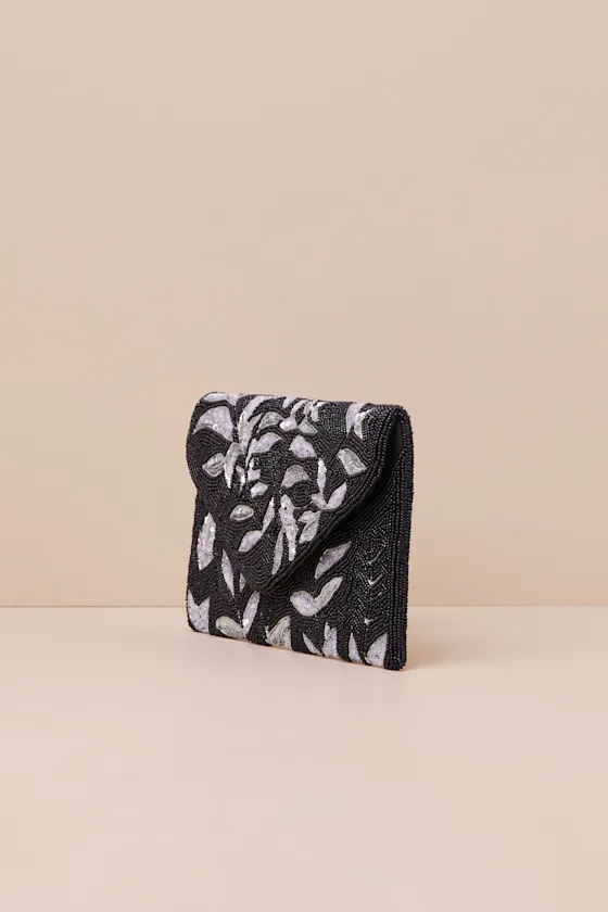 Shiny Exquisiteness Black and Silver Beaded Leaf Clutch sold by Lulus product image thumbnail 3
