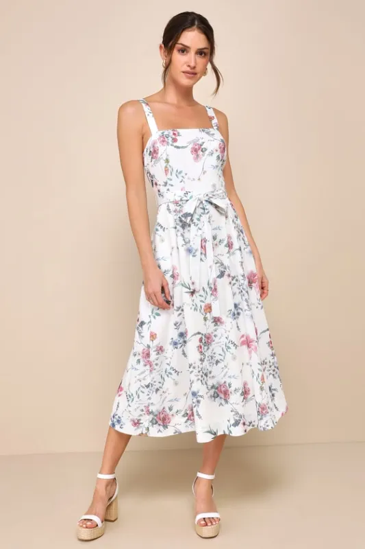 Sunny Posture Ivory Floral Sleeveless Midi Dress sold by Lulus