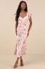 Ryland Cream Multi Floral Satin Flutter Sleeve Midi Dress sold by Lulus