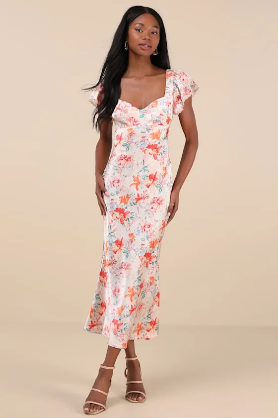 Ryland Cream Multi Floral Satin Flutter Sleeve Midi Dress sold by Lulus