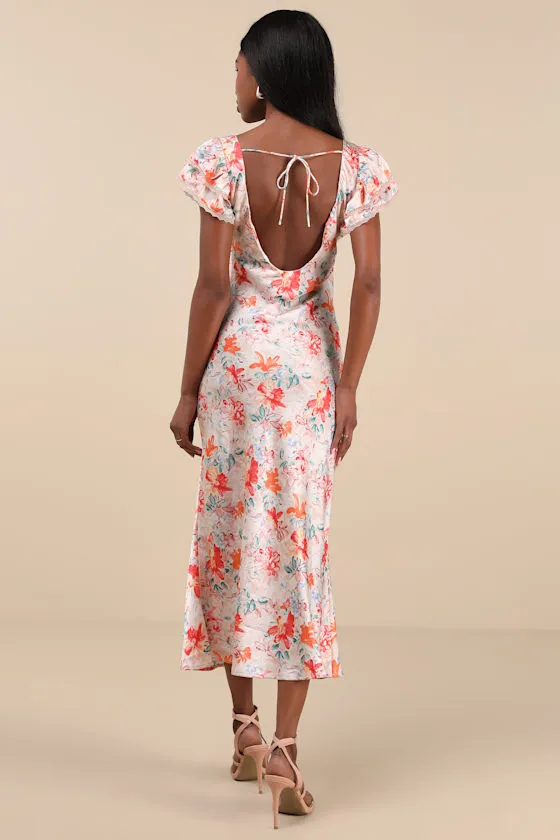 Ryland Cream Multi Floral Satin Flutter Sleeve Midi Dress sold by Lulus product image thumbnail 2