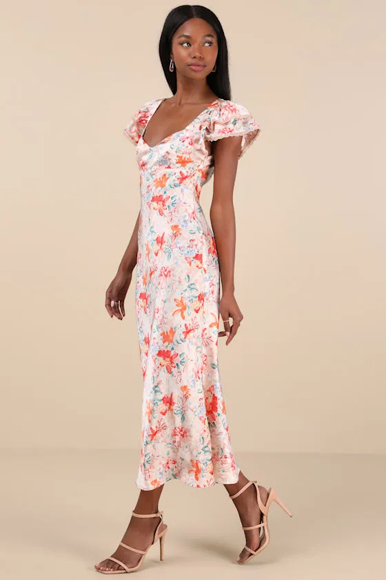 Ryland Cream Multi Floral Satin Flutter Sleeve Midi Dress sold by Lulus product image thumbnail 3