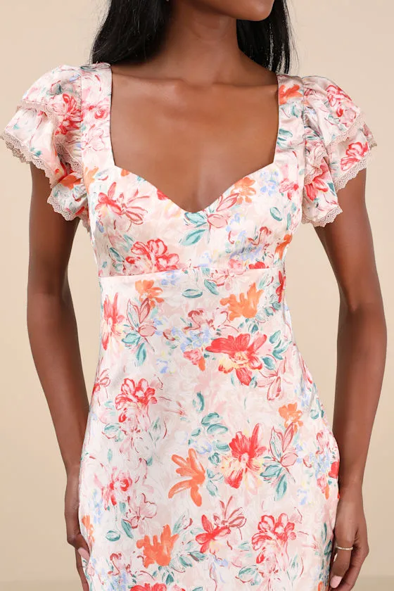 Ryland Cream Multi Floral Satin Flutter Sleeve Midi Dress sold by Lulus product image thumbnail 4