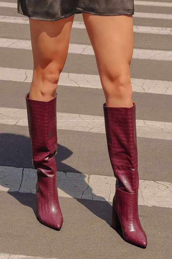 Katari Cranberry Croc Pointed-Toe Knee High Boots sold by Lulus