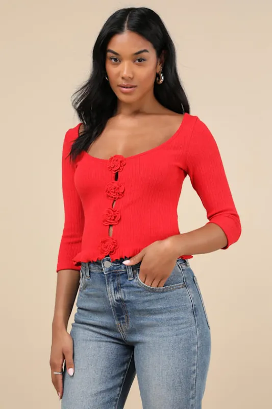 Harpan Red Ribbed Rosette Crop Top sold by Lulus