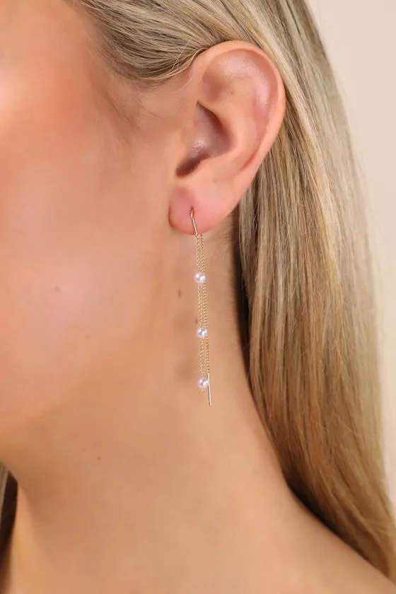 Simply Memorable Gold Pearl Threader Earrings sold by Lulus