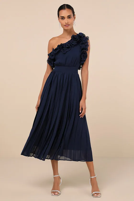 Splendid Charisma Navy Ruffled Pleated One-Shoulder Midi Dress sold by Lulus