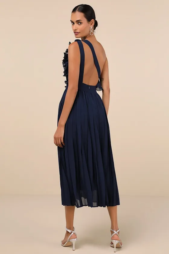 Splendid Charisma Navy Ruffled Pleated One-Shoulder Midi Dress sold by Lulus product image thumbnail 2