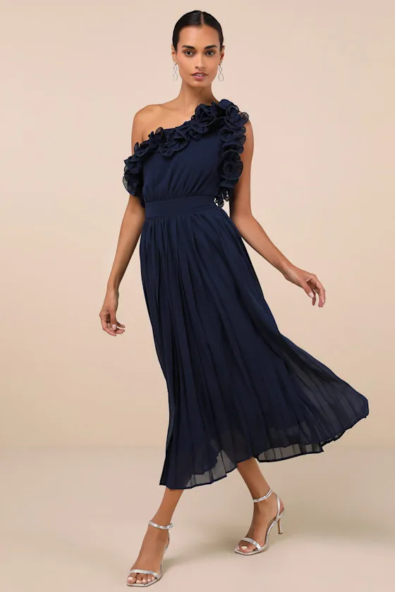 Splendid Charisma Navy Ruffled Pleated One-Shoulder Midi Dress sold by Lulus product image thumbnail 3